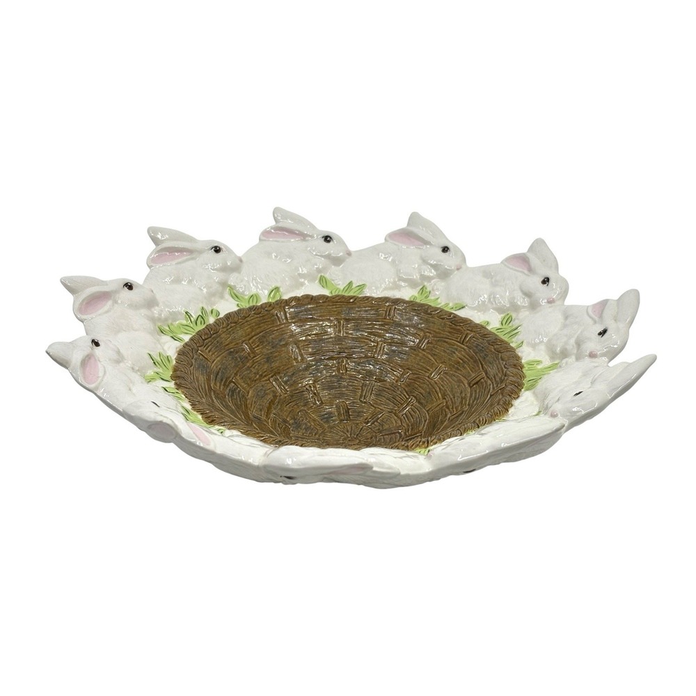 Easter Handpainted Ceramic Bunny Rabbit edge Basket Dish - Picture 8 of 9